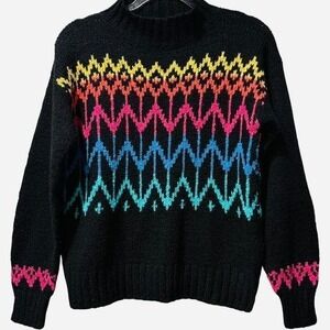 Rare DEB Vintage 90s Retro Neon Fair Isle Sweater Black Acrylic Knit